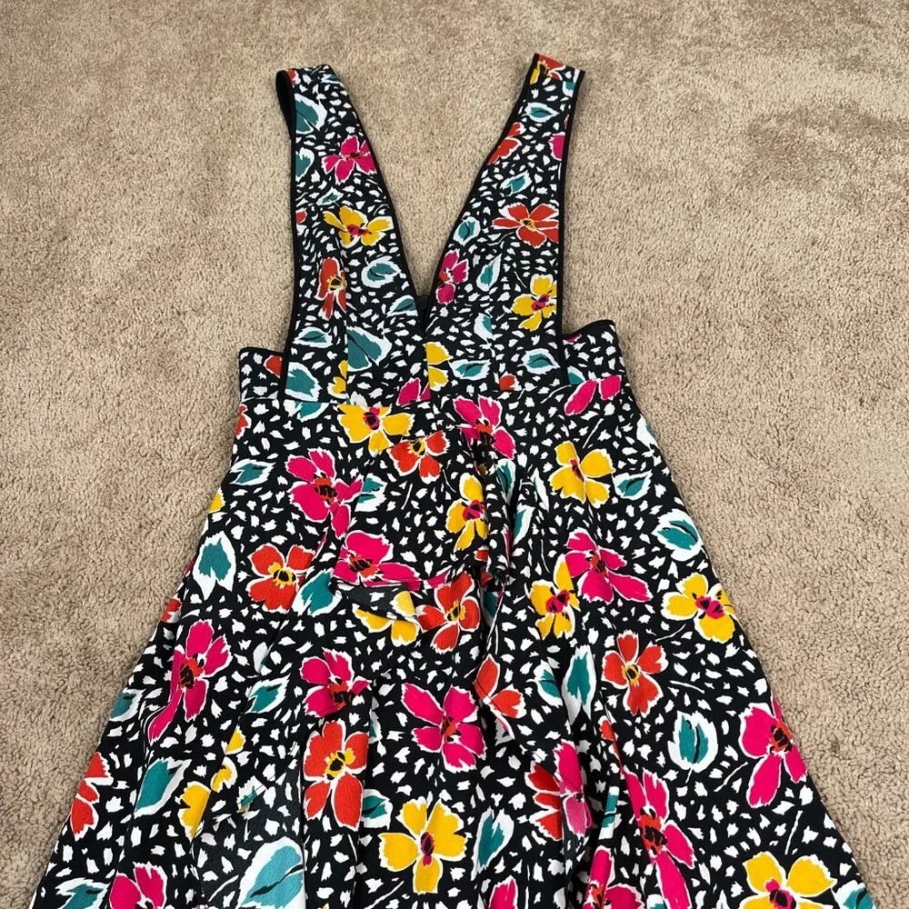 Topshop Dress Womens 6 Black Floral Pinafore Plunging Bloggers Influencer Midi - Picture 3 of 11